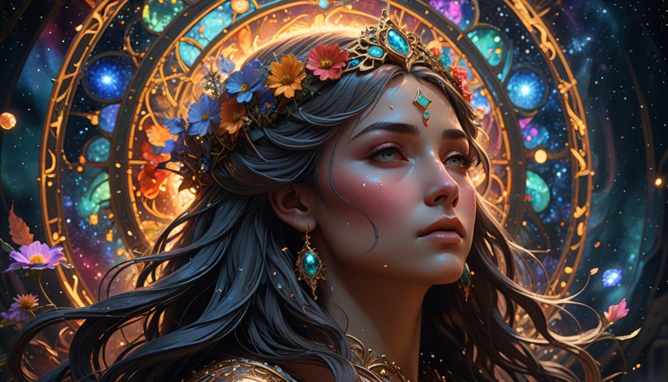 Celestial Goddess Weeping Tears of Light in Nebula