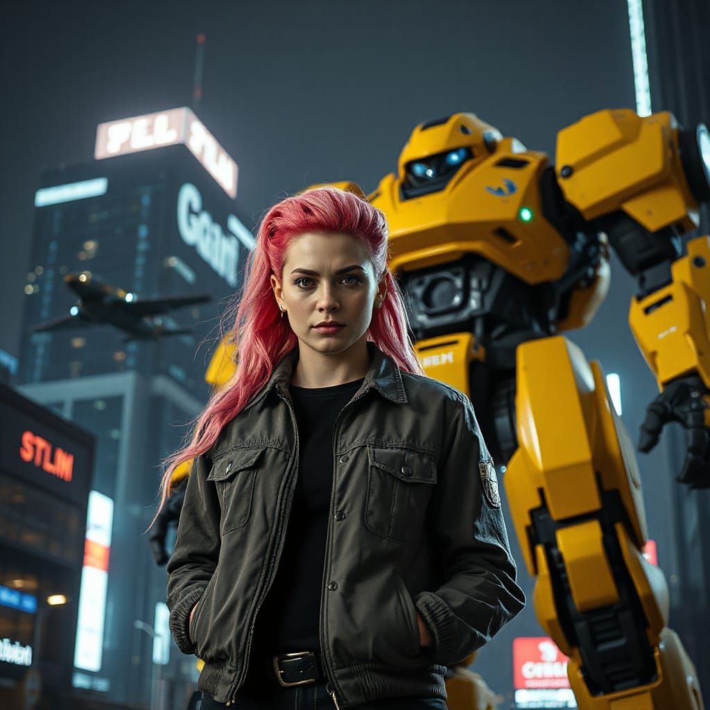 Woman with Mech Warrior in Cyberpunk Cityscape