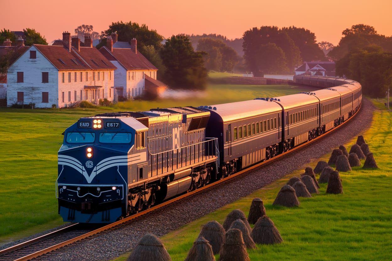 A train pulled by a diesellocomotive passing houses farms an...