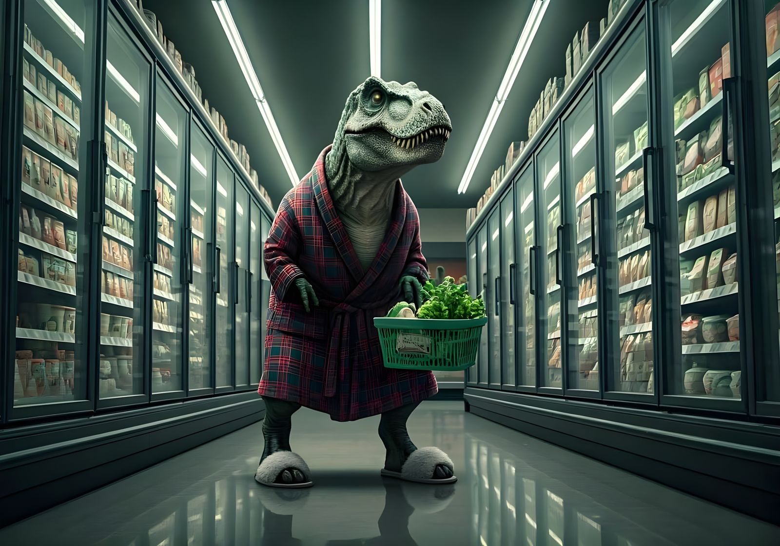 T-Rex Confused in Supermarket Frozen Food Aisle