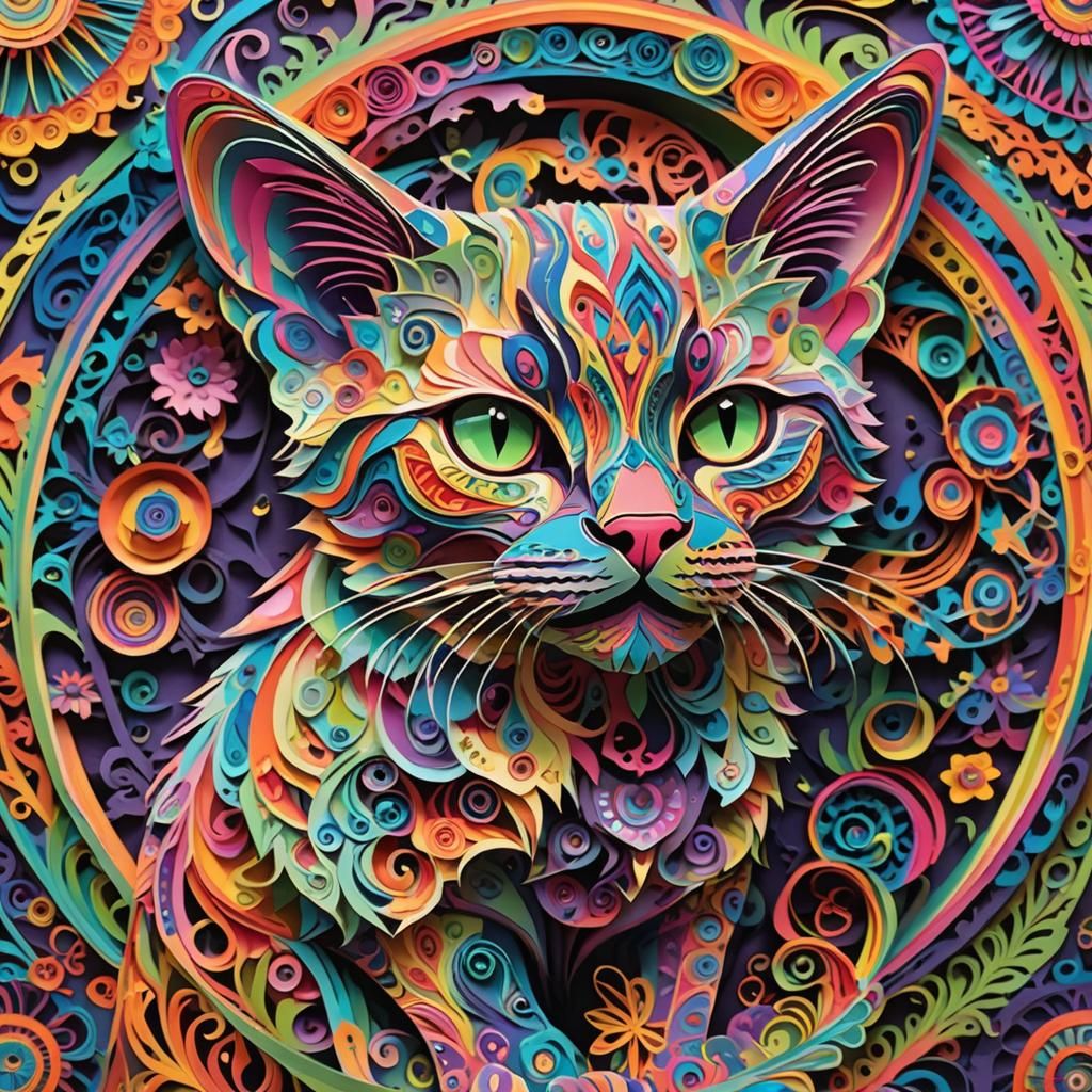 Psychedelic Rainbow Papercut Cat Art
