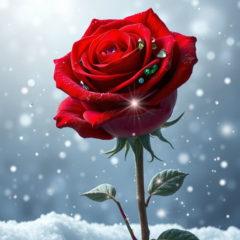 Gems Adorn Red Rose in Winter Wonderland