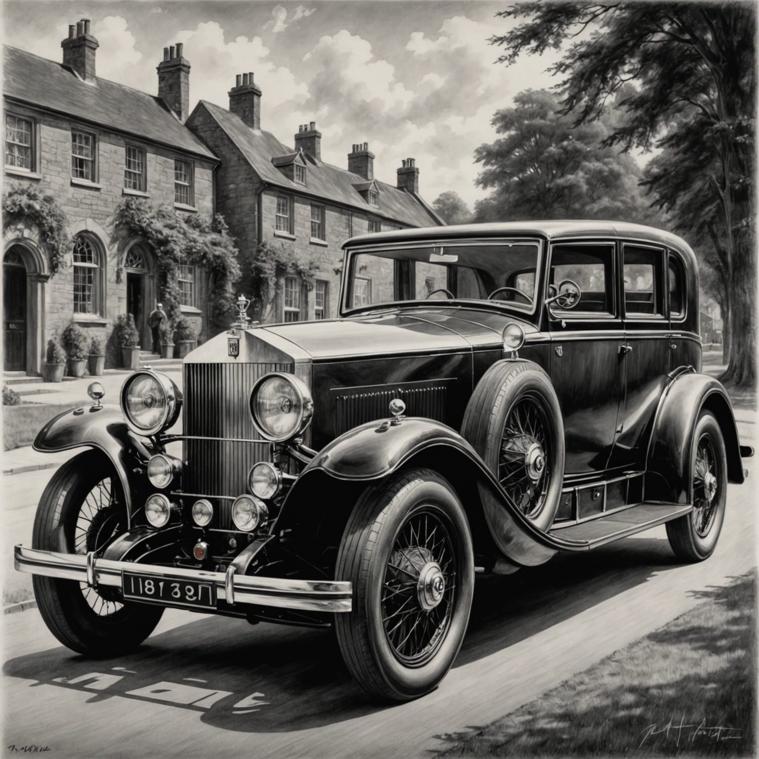 Rolls Royce Phantom II: Hyperdetailed Charcoal Drawing