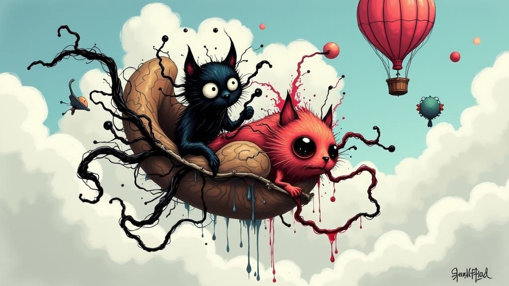 Whimsical Cats Fly Bedazzled Blimp in Fantasy Sky