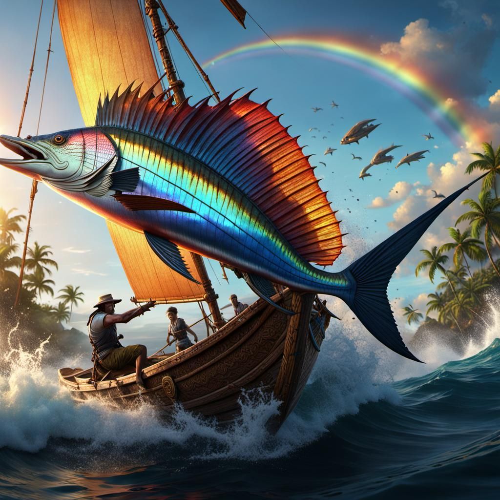 Rainbow Sailfish Sunset: Detailed Matte Painting