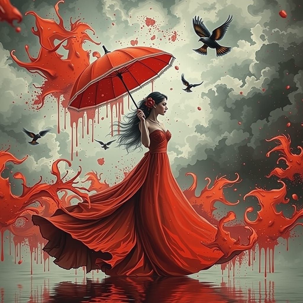 Woman in Red Dress Amidst Storm Clouds