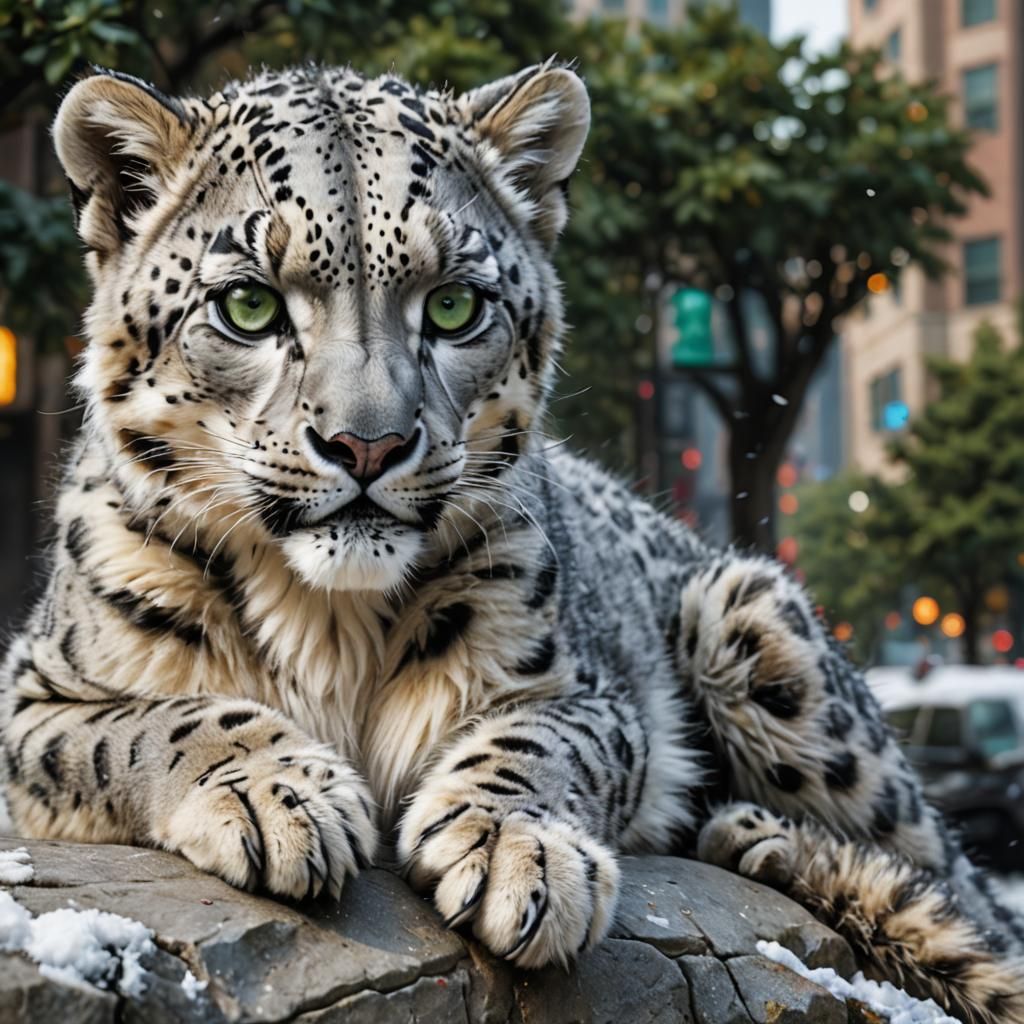 Photorealistic Snow Leopard Cub in Cityscape