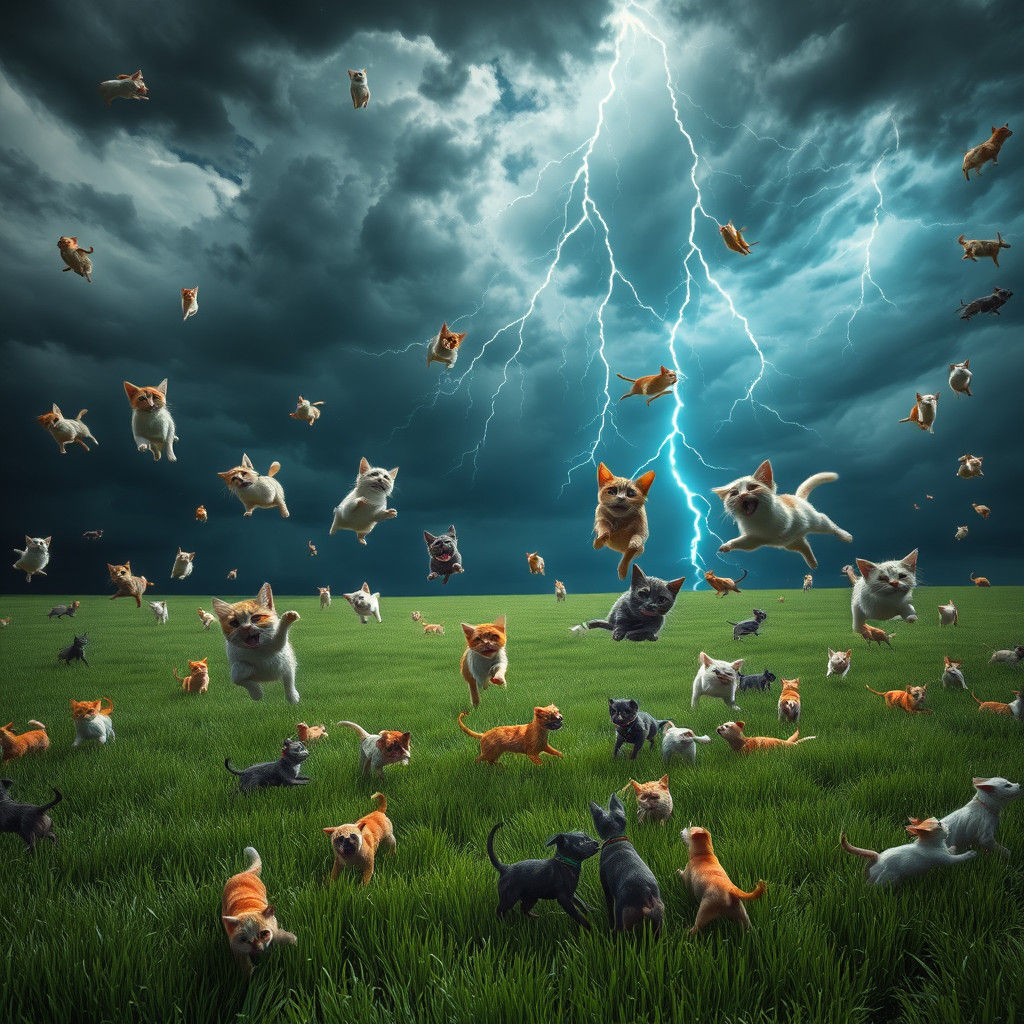 Cats and Dogs Rain in Emerald Field, Surreal Scene
