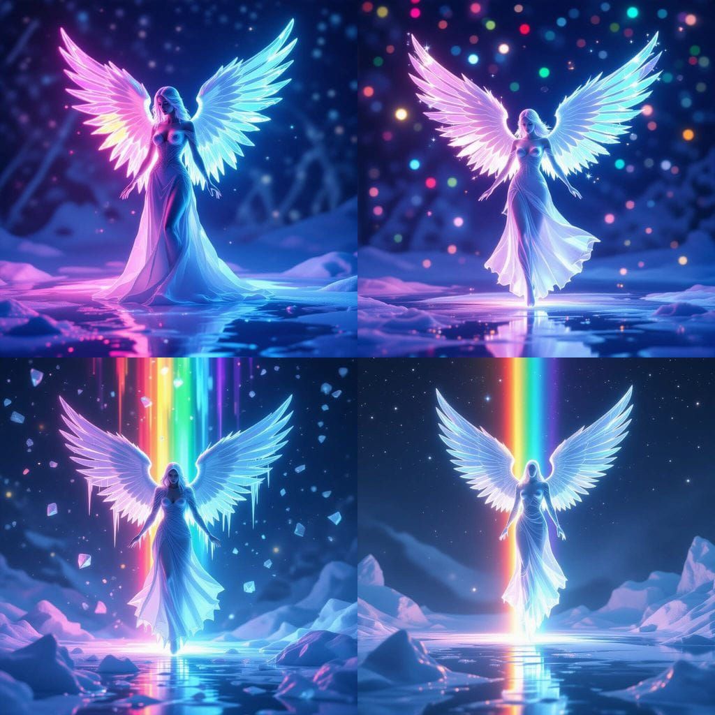 Ice Angel Illuminated in Space with Rainbow Lights
