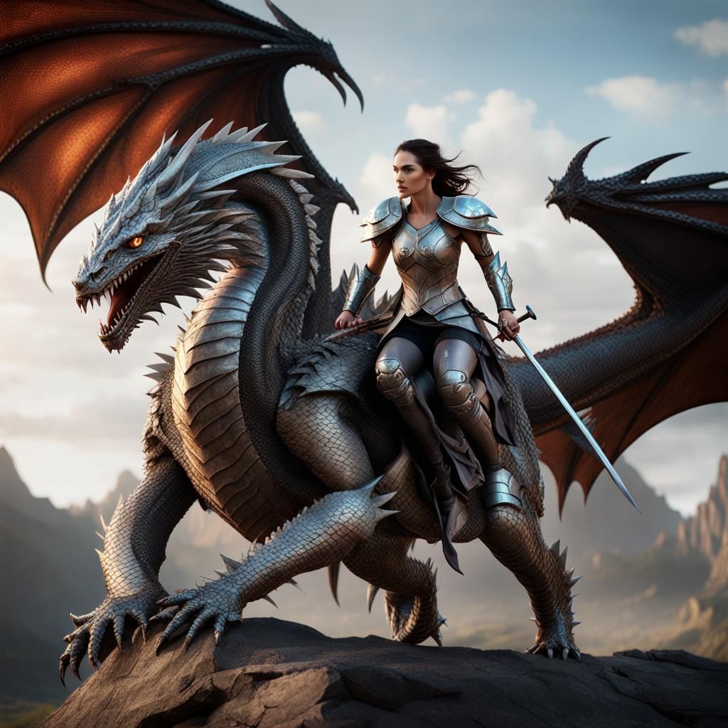Brunette Warrior on Dragon, Fantasy Concept Art