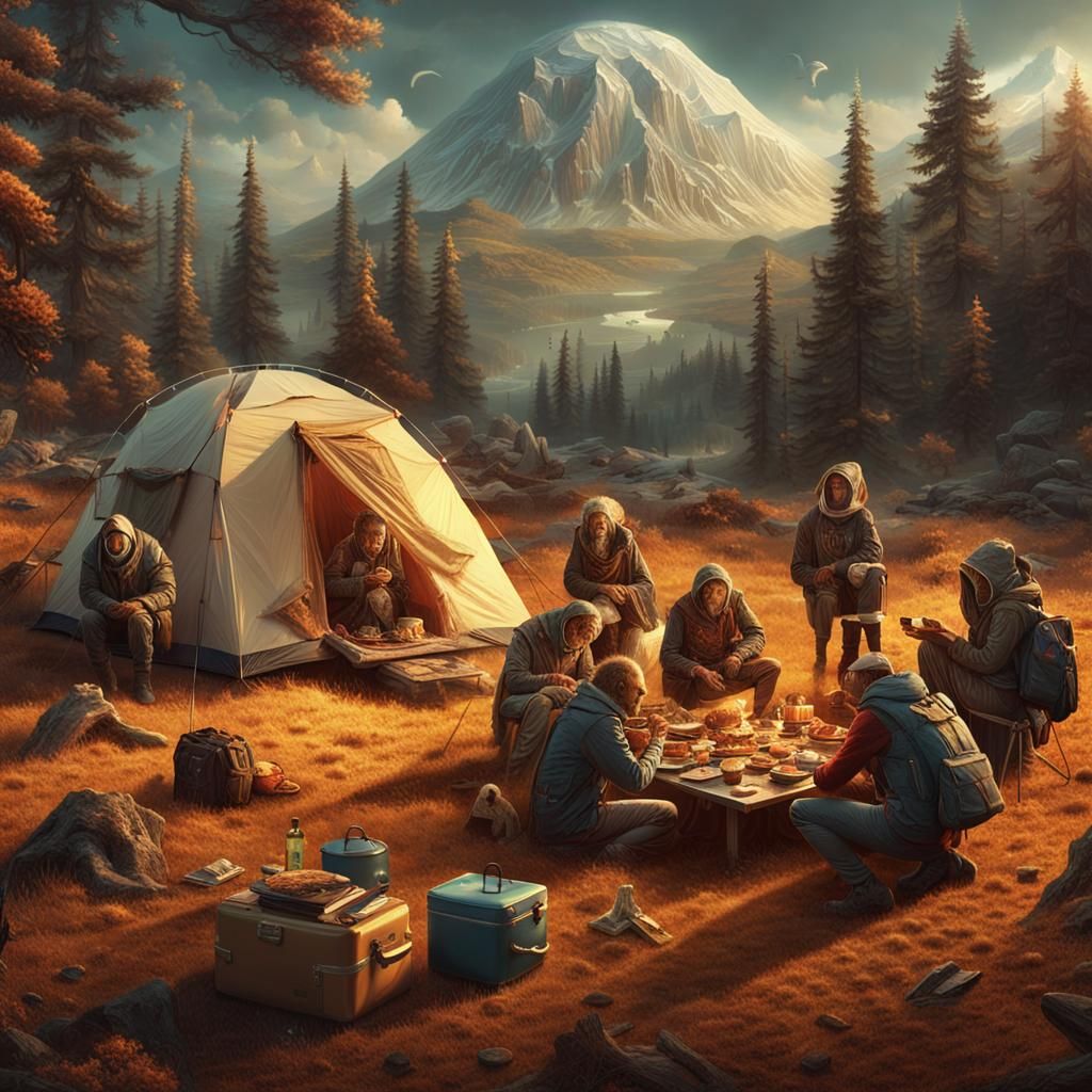 Futuristic Alien Camping Feast: Detailed Hyperrealistic Illu...