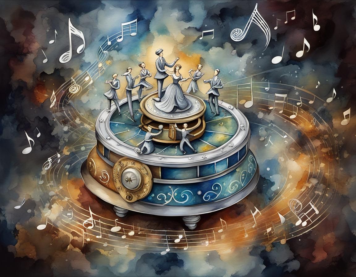 Vintage Watercolor Music Box with Dancing Figures