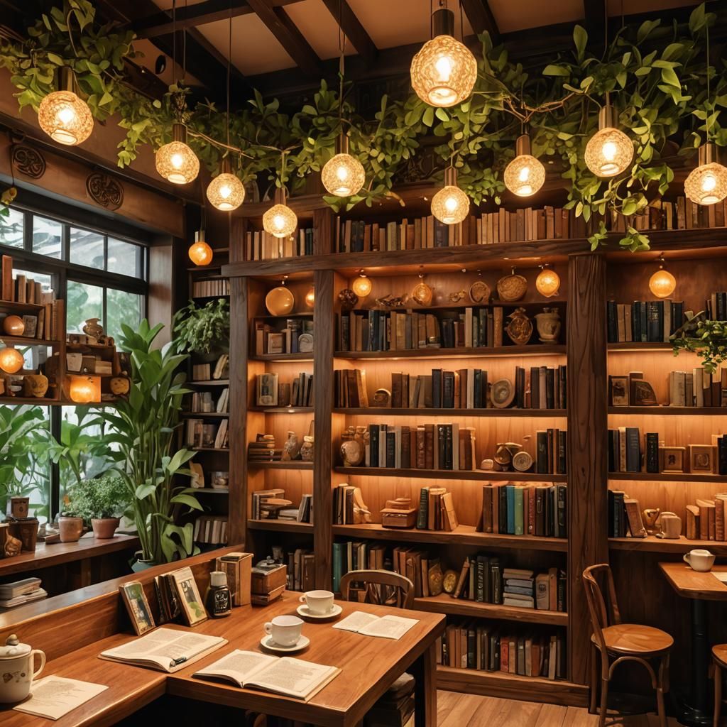 Serene Anime Cafe-Library with Amber Lighting