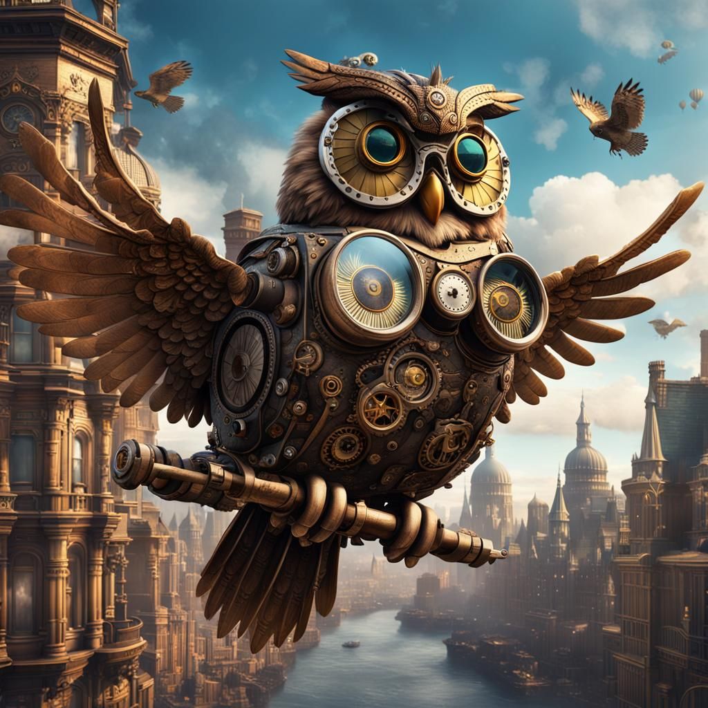 Steampunk Owl Over Victorian Cityscape, Detailed Art
