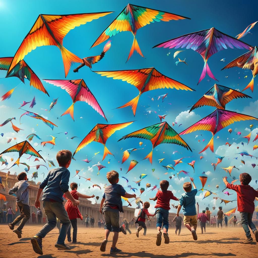 Children Fly Colourful Kites: Digital Matte Painting