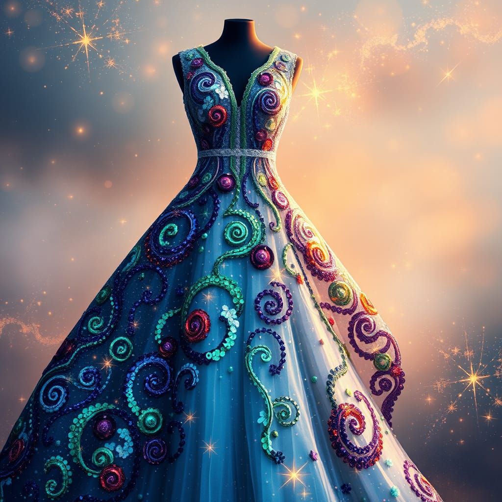 Ethereal Evening Gown with Whimsical Sequin Patterns