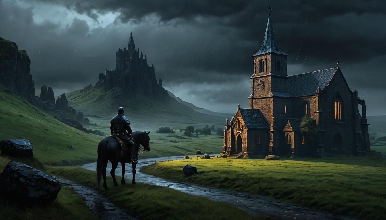 Medieval Warrior Rides Through Dark, Rainy Night to Ancient....