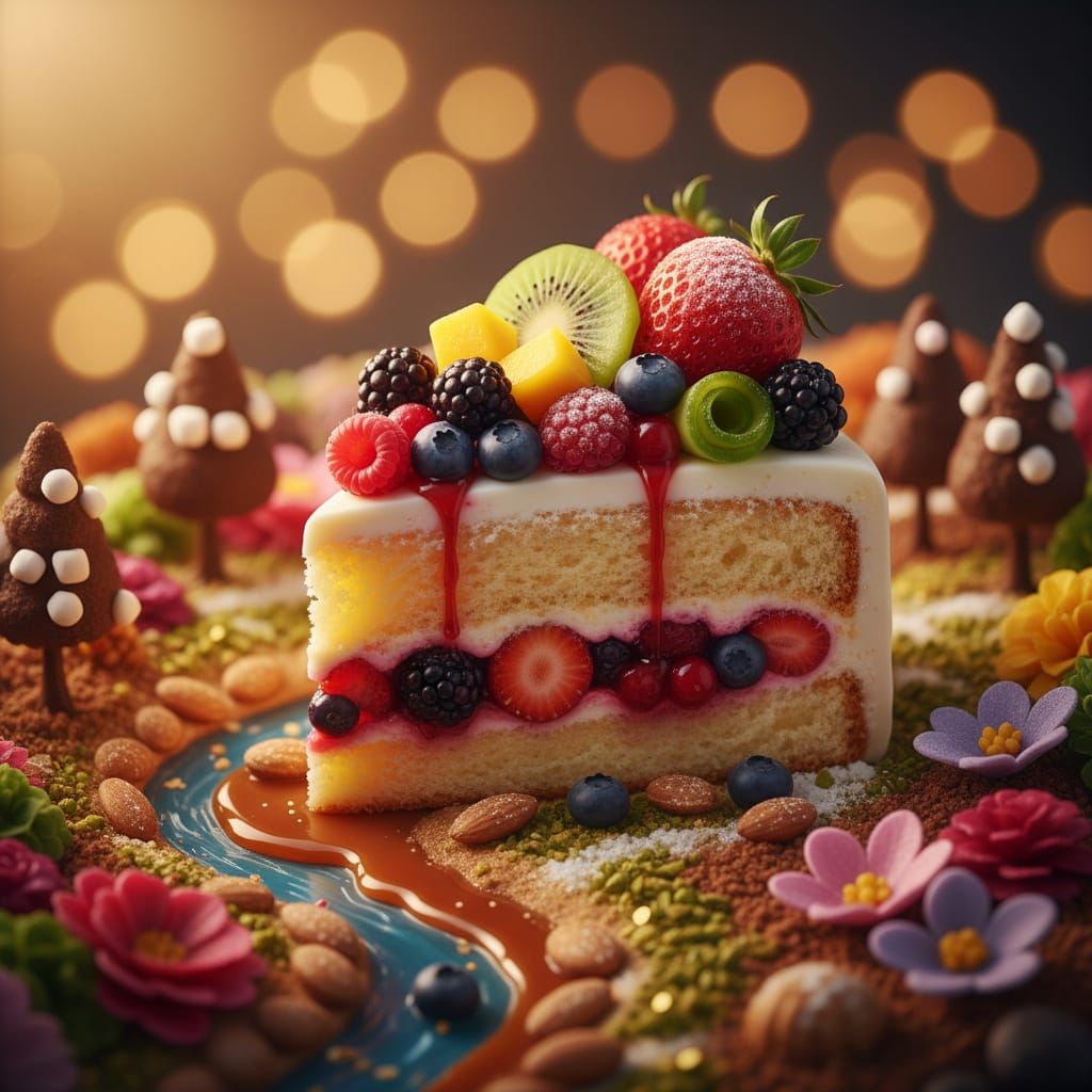 Delicious Cake Slice Embedded in Fruitful Landscape