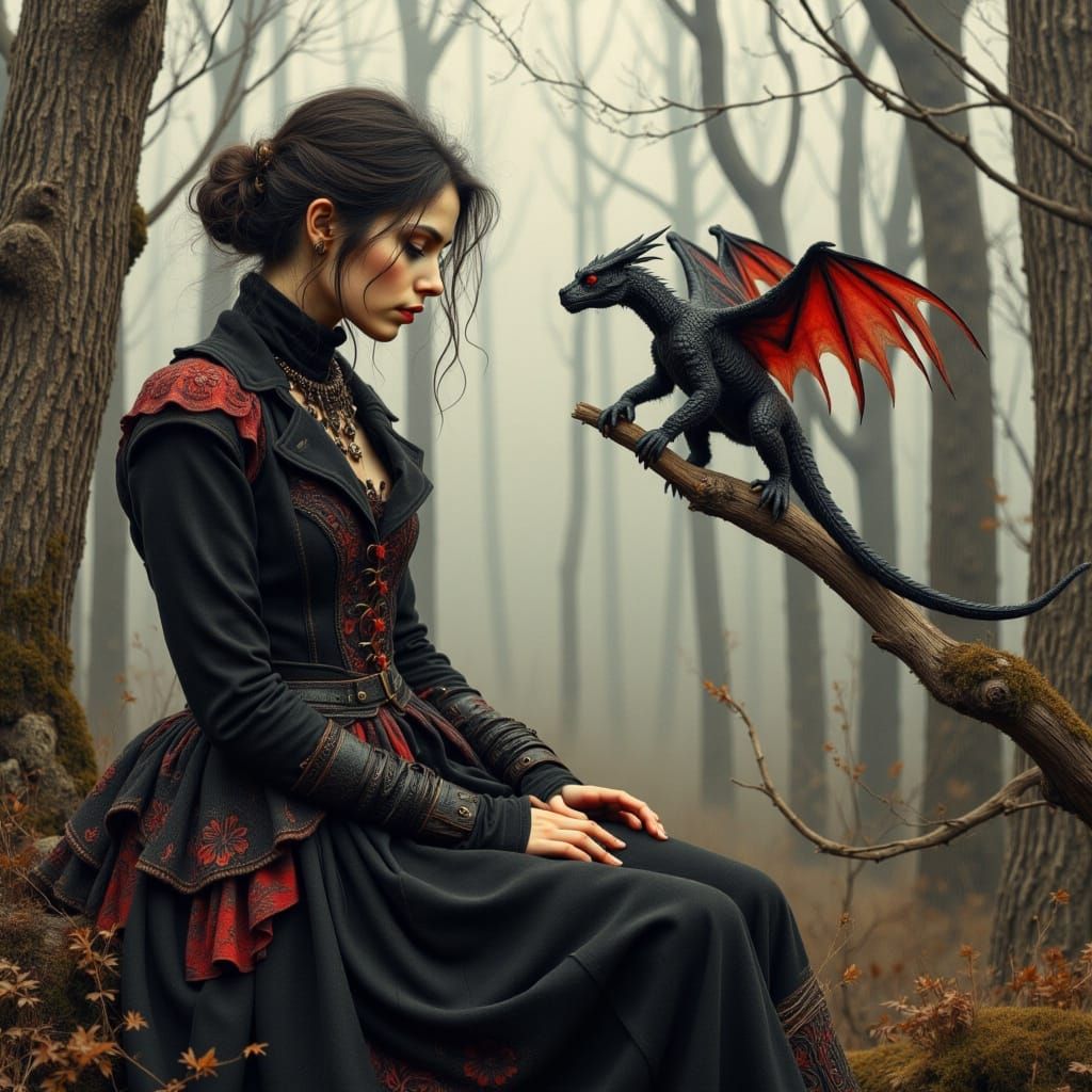 Young Woman in Gothic Attire Surrounded by Whimsical Forest