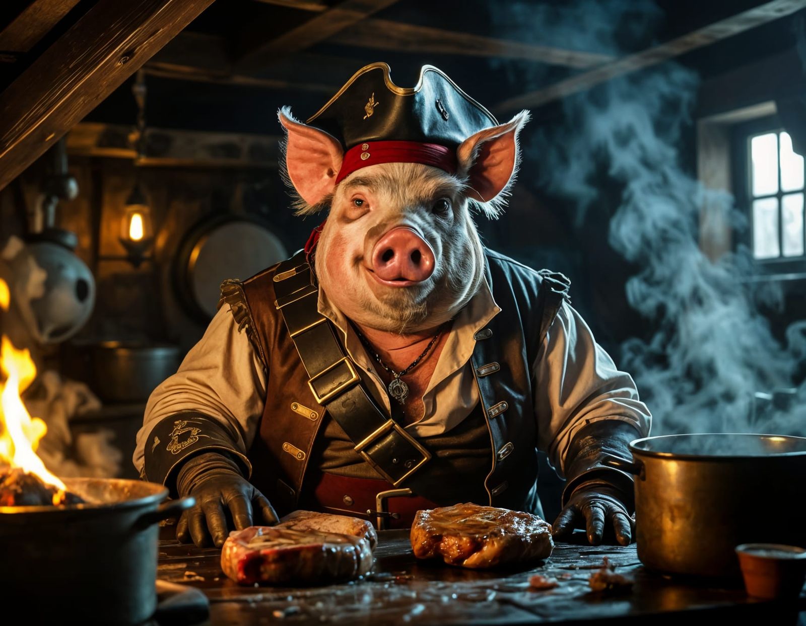 Pirate Pig Cook in Galley, Cinematic Film Style