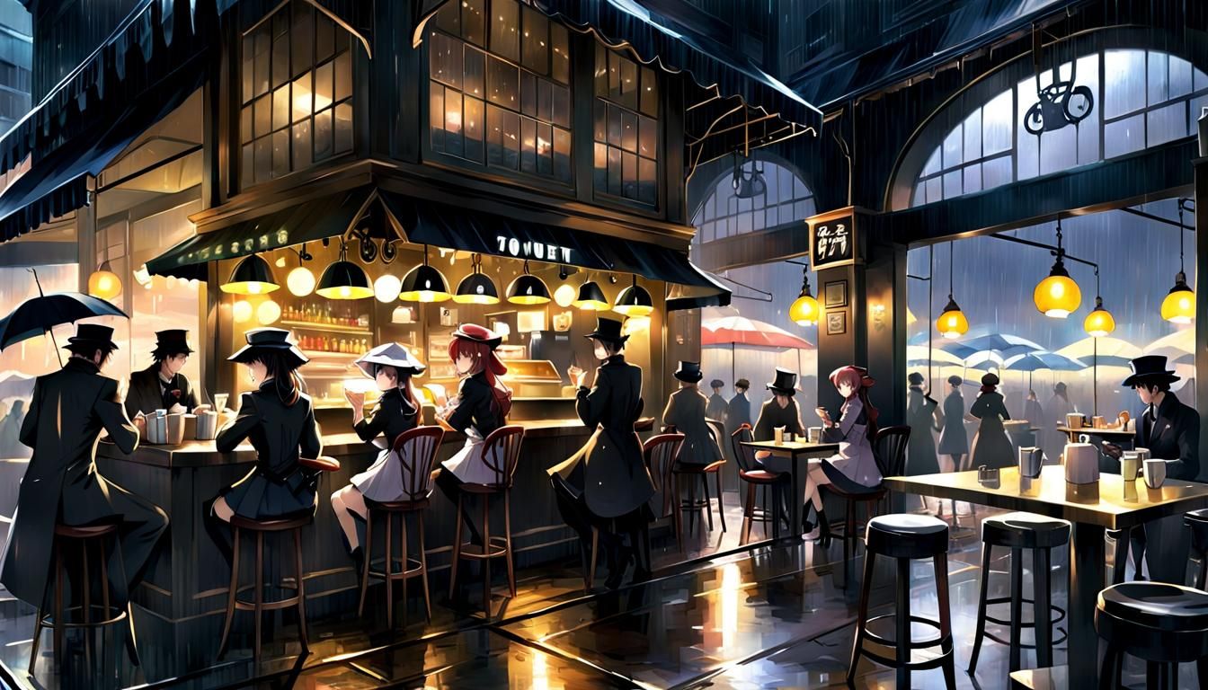 Rainy Night Cafe Interior in Anime Style