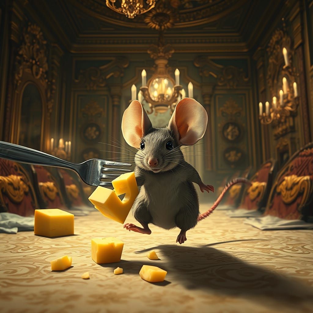 Hyperrealistic Mouse Chases Running Cheese in Ornate Dining ...