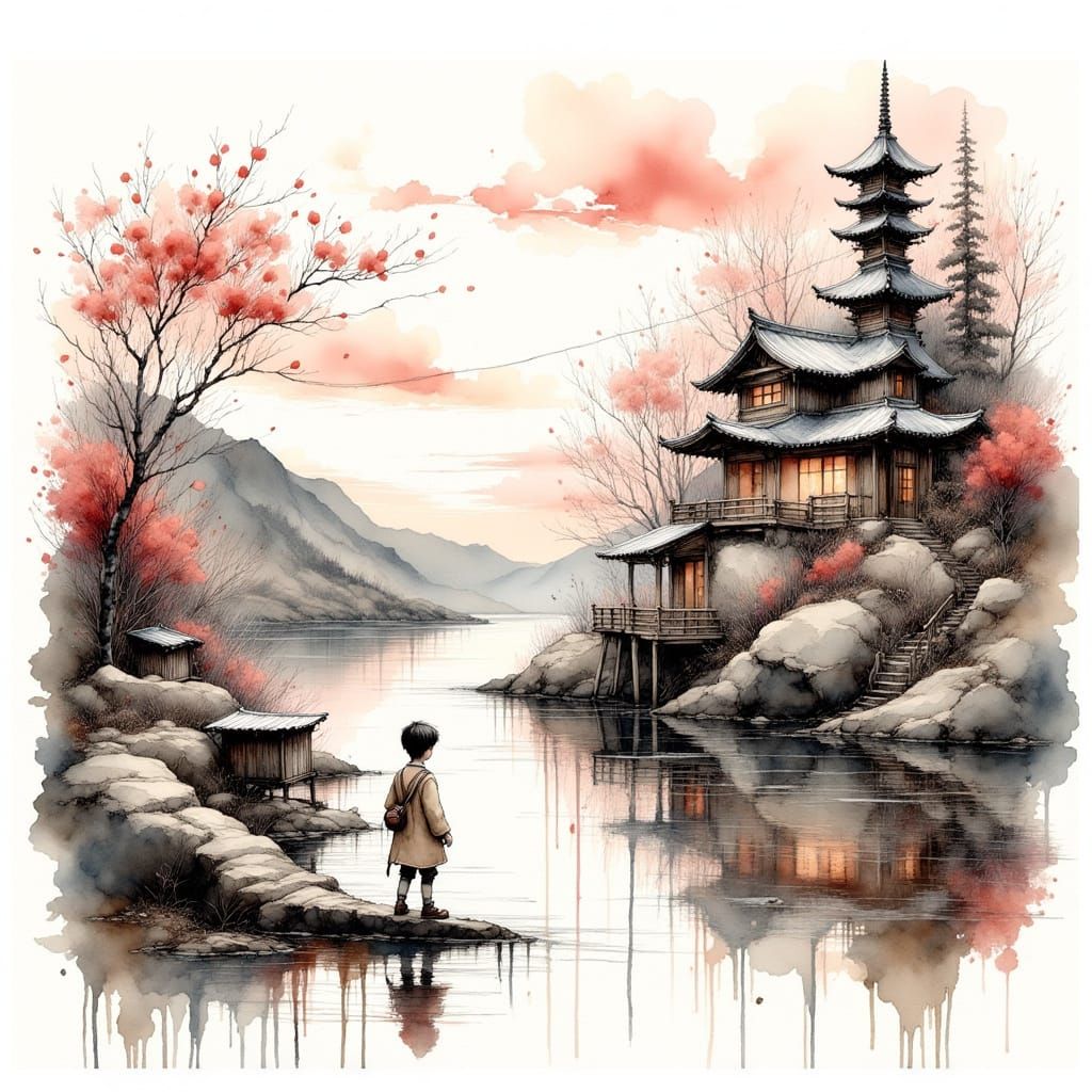 Traditional Japanese Landscape in Ink and Brushwork