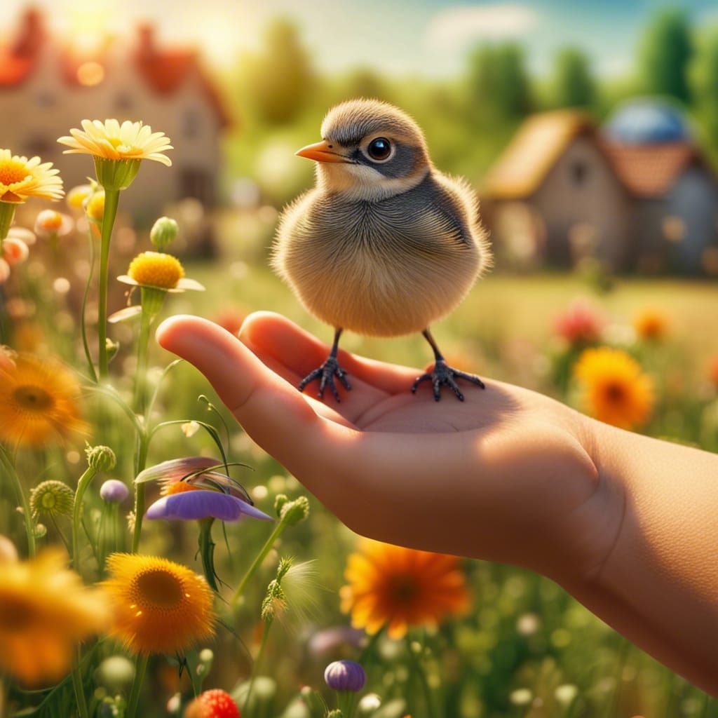 Child and Bird in Sunny Village