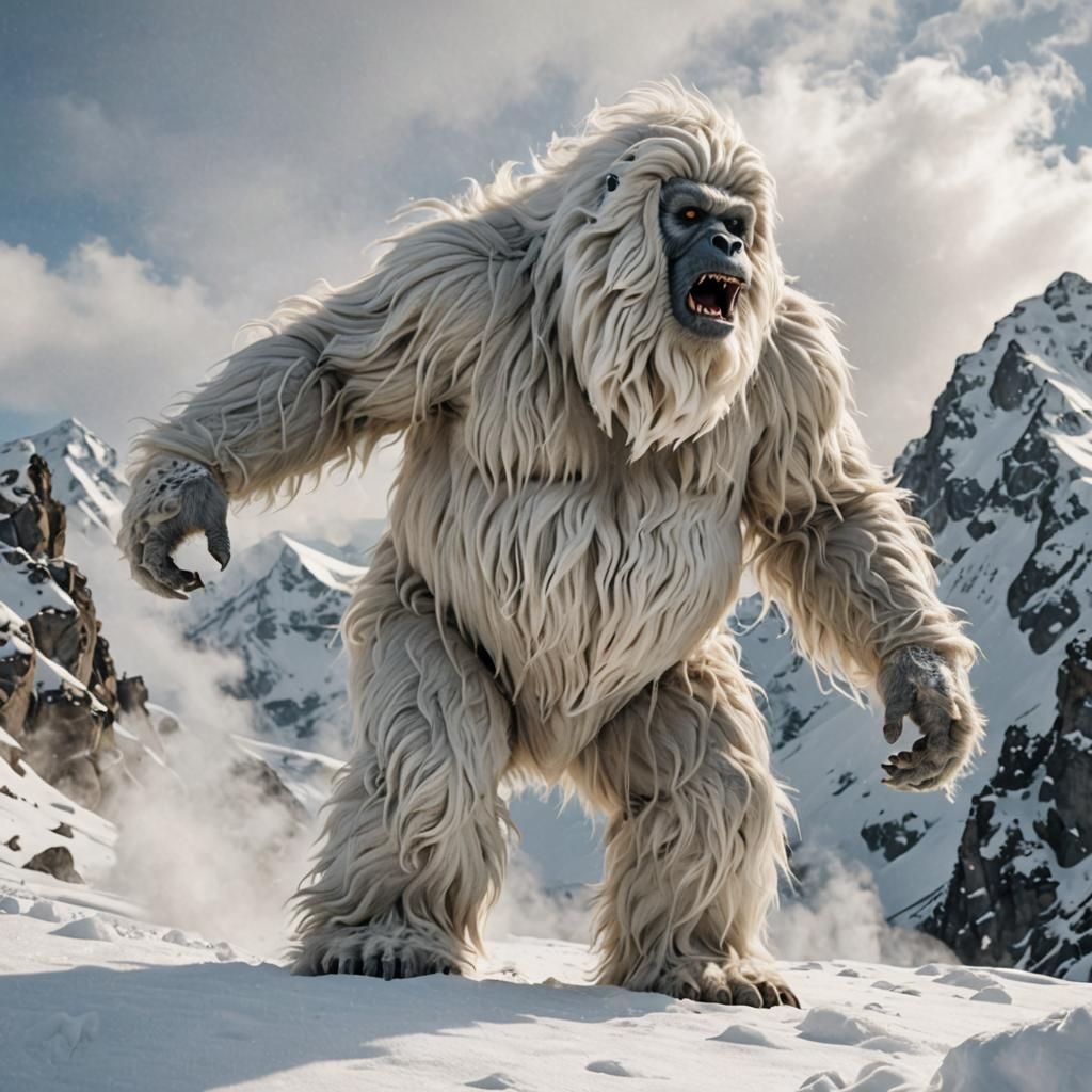 Yeti on Snowy Mountain with Blowing Snow