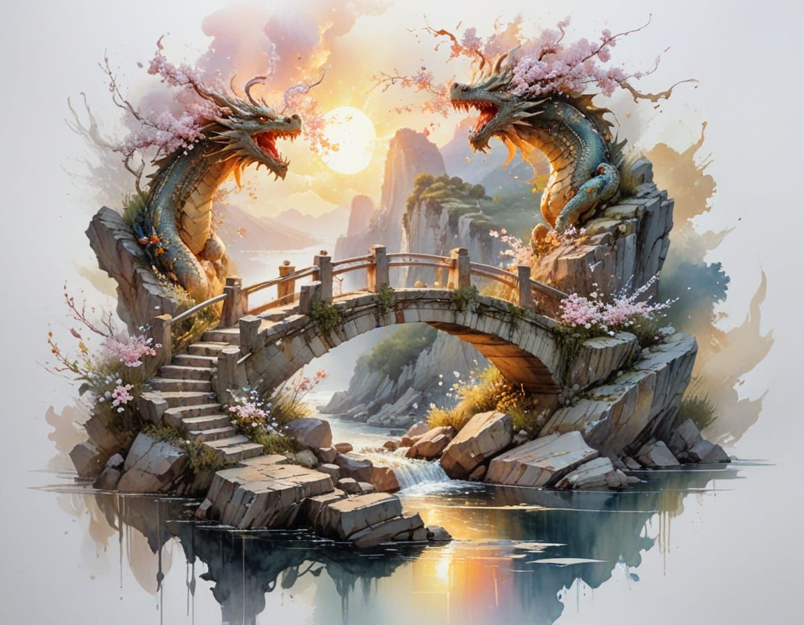 Dragon Bridge at Sunset in Painterly Fantasy Style