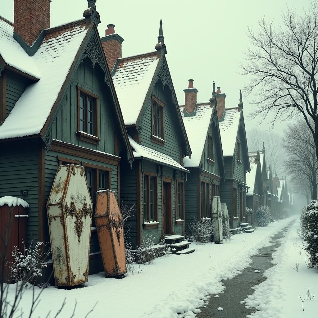 Victorian Houses with Coffins in Gothic Winter Scene