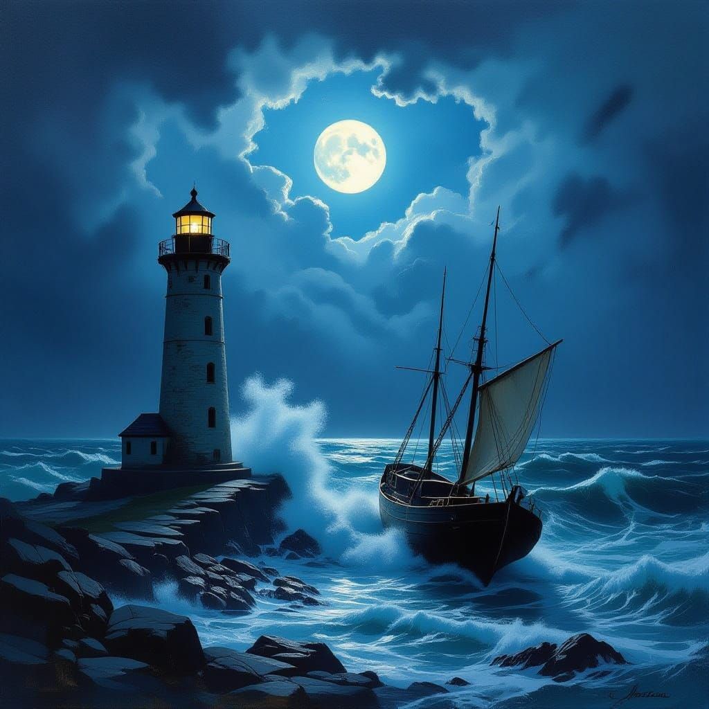 Dramatic Lighthouse Amidst Stormy Seas, Oil Painting
