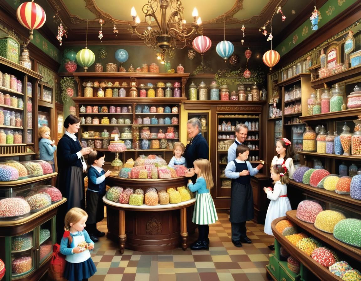 Family in Candy Shop, Illustrative Style