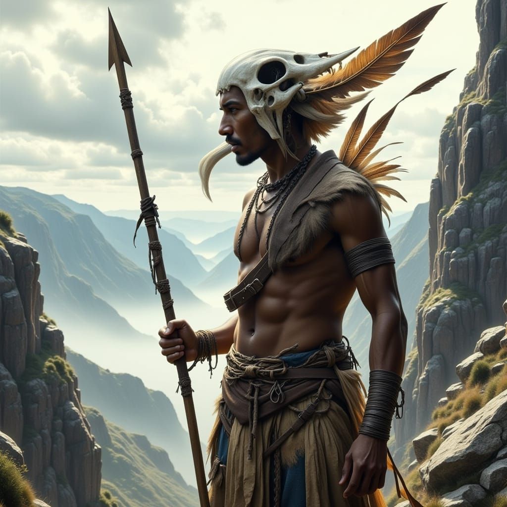 Indigenous Warrior with Saber Tooth Skull, Hyperreal Art