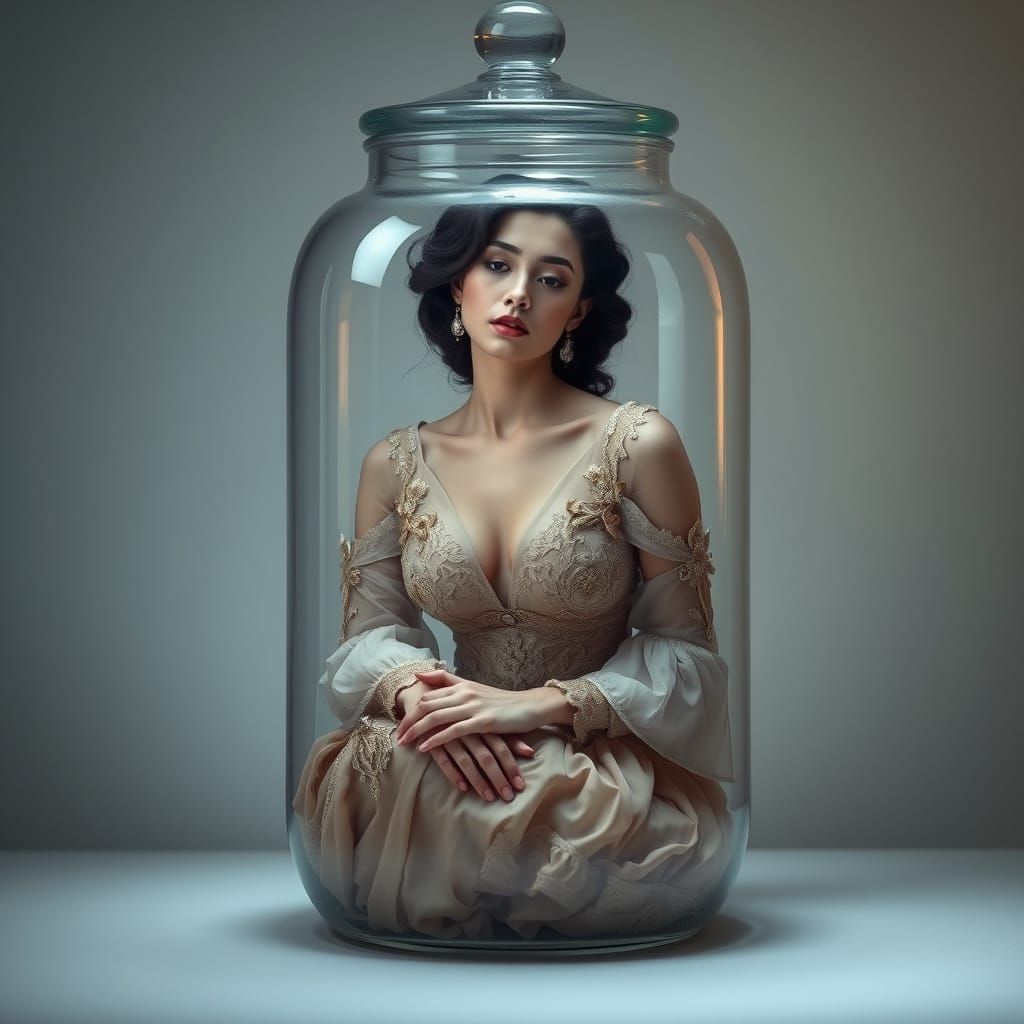 Woman in Glass Jar: Dreamy Surreal Artwork