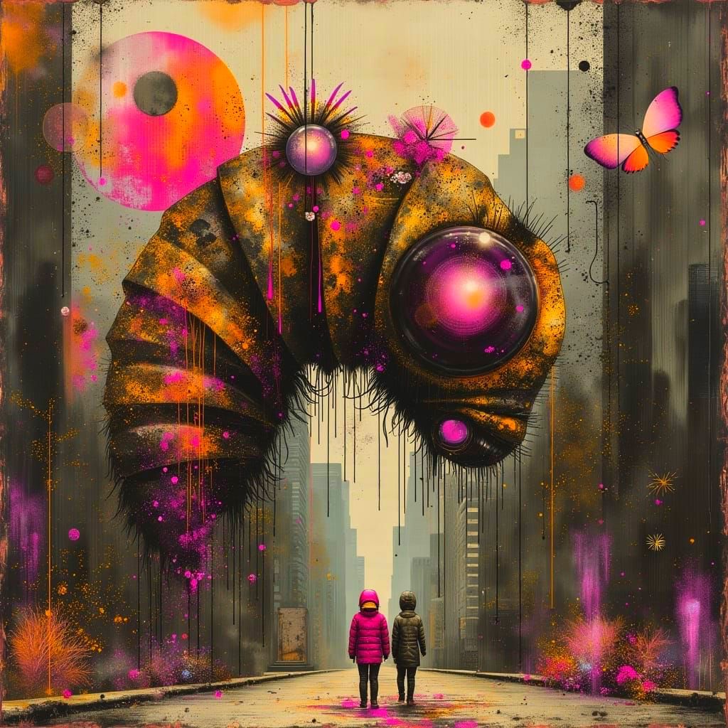 Surreal Dystopian Scene: Cute Drinker Moth Caterpillar in Ur...