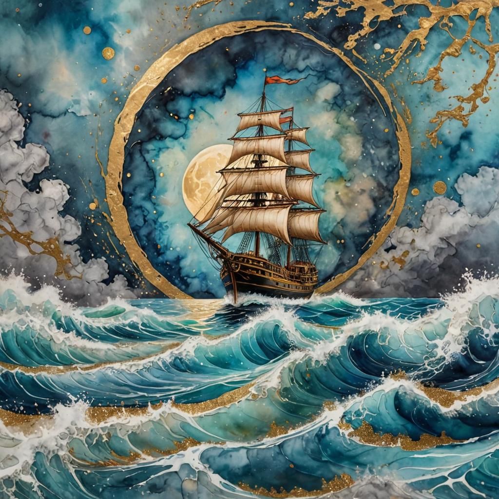Ship Sails Under Moon in Alcohol Ink Splatter