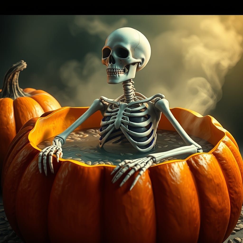 Skeleton Relaxing in Pumpkin Seed Hot Tub