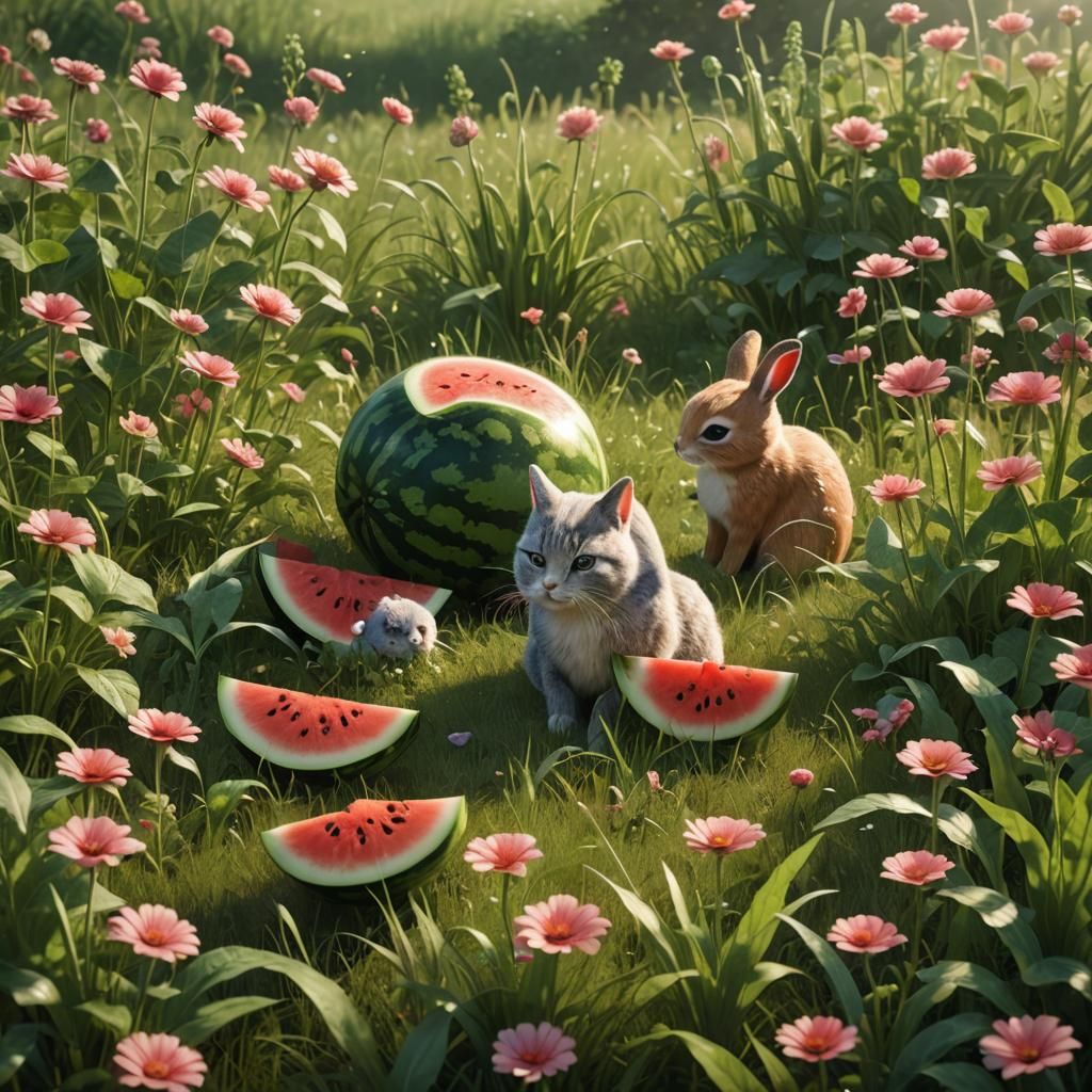 Watermelon Cat and Rabbit in Sunny Meadow, 3D Render