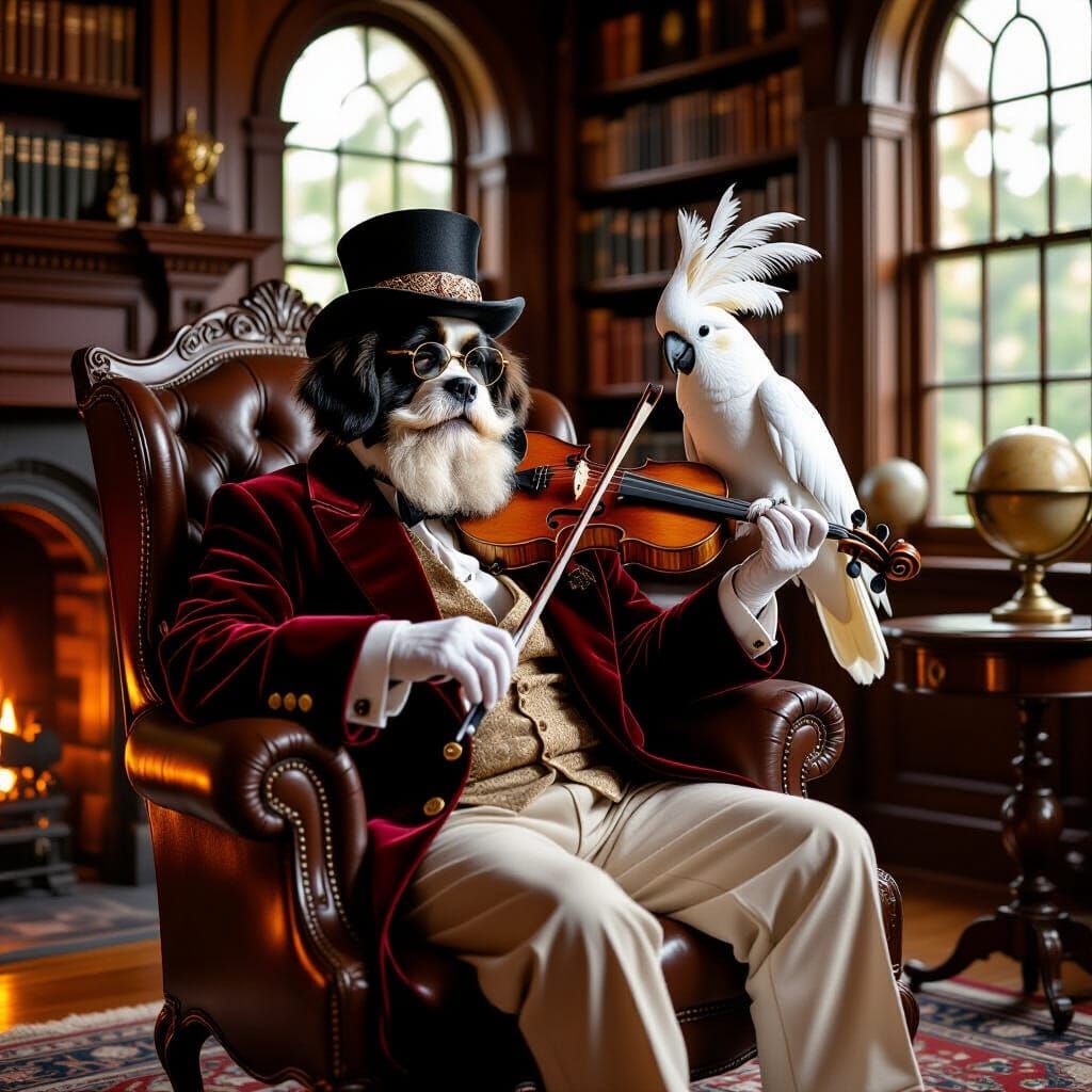 Saint Bernard Playing Violin in Cozy Study, Rembrandt Style