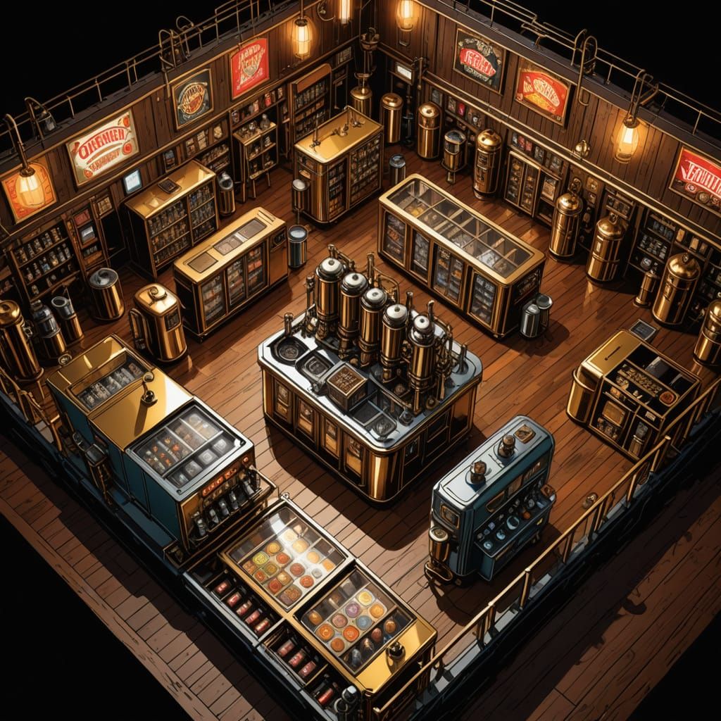 Brass Beverage Machines in Glitchy Comic Book Art