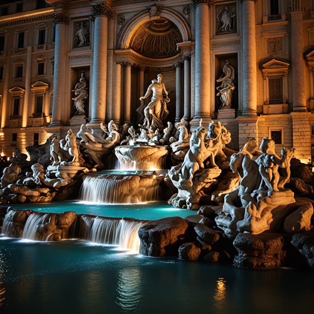 Illuminated Trevi Fountain at Night: Photorealistic Scene