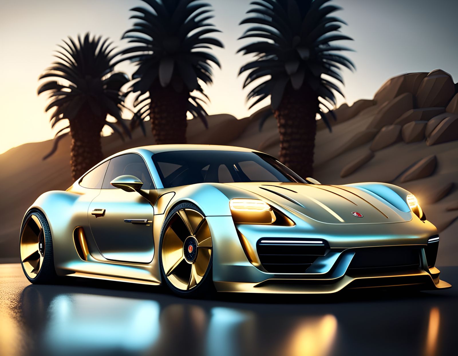 Porsche 8k Resolution concept art matte gold