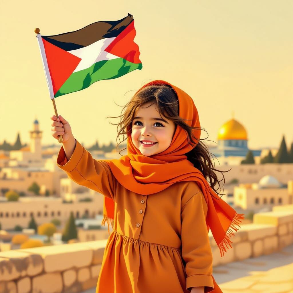 Girl Waving Palestinian Flag in Jerusalem, Expressive Art