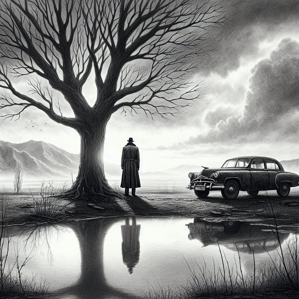 Solitary Figure by Leafless Tree in Grayscale