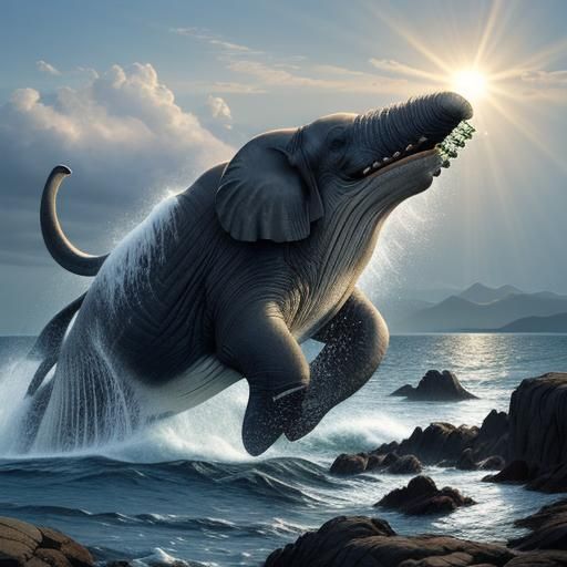 Majestic Elephant-Whale Hybrid on Rocky Coastline