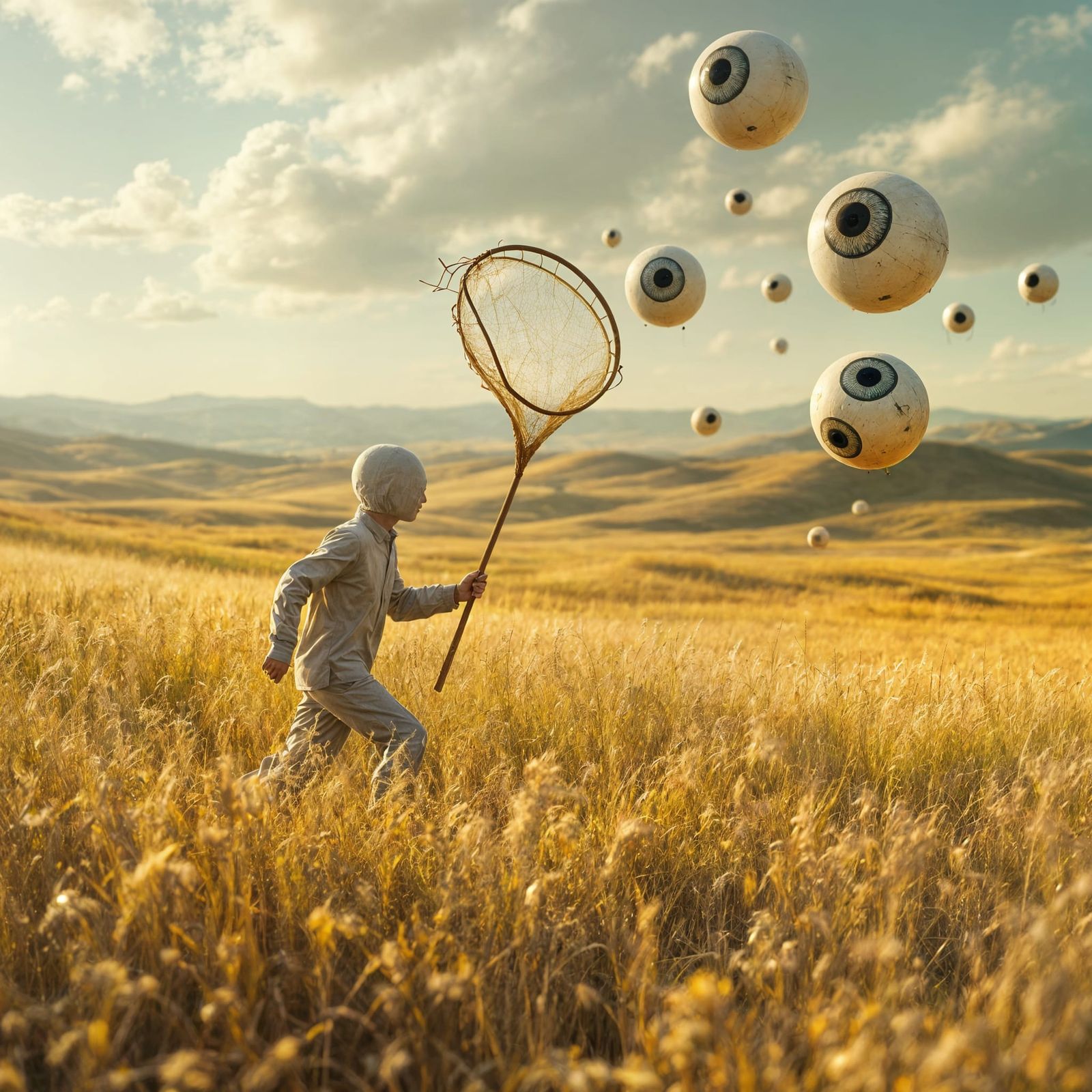 Surrealist Figure Catches Glowing Eyeballs in Golden Meadow