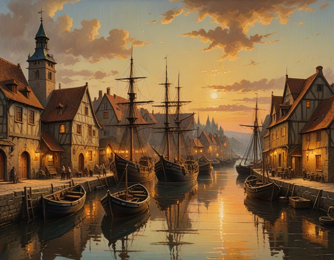 Medieval Harbour Unloading Ship in Golden Light