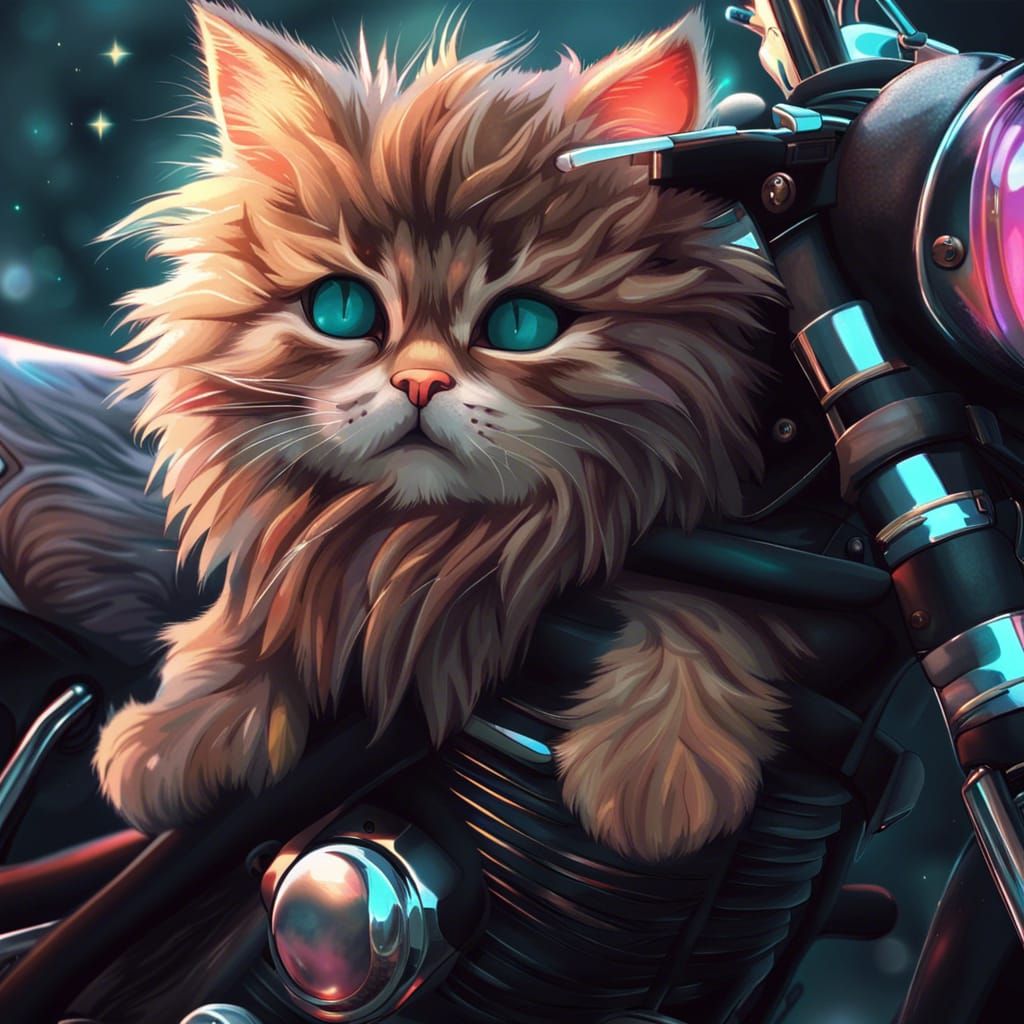 Anime Kitten Rides Motorcycle with Detailed Fur