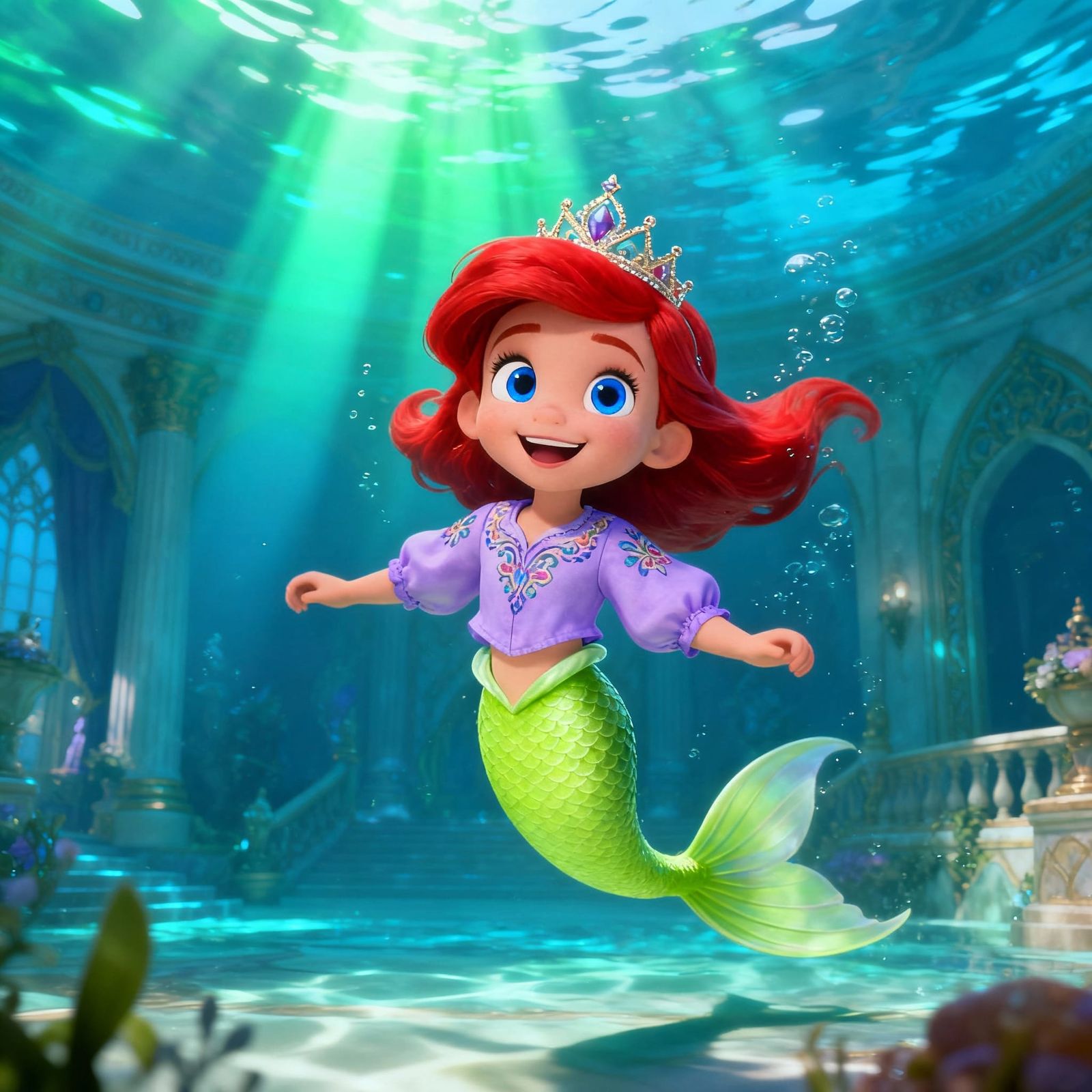 Red-Haired Mermaid Princess Crowned in Disney Style